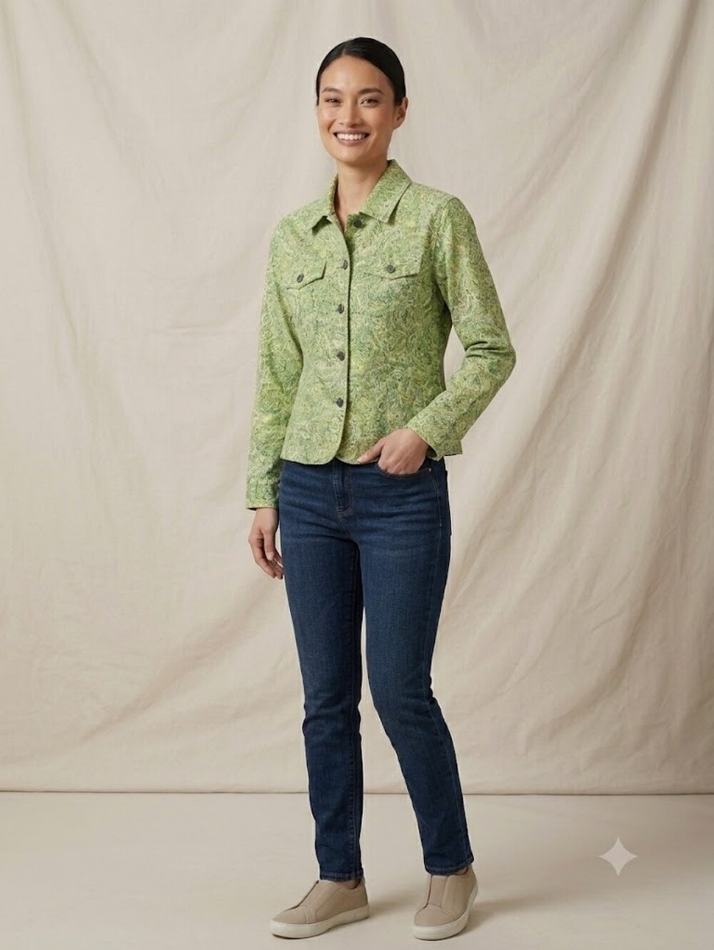 Analogy Light Green Paisley Button-Front Jacket